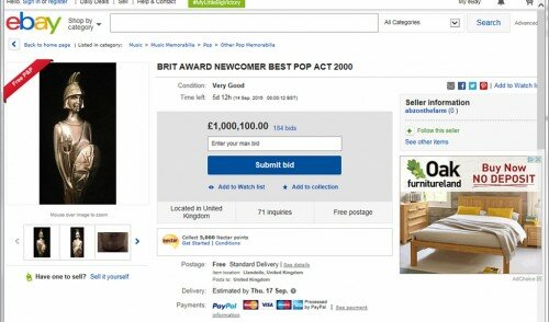 5ive member Abz Love selling official 2000 BRIT Award on eBay