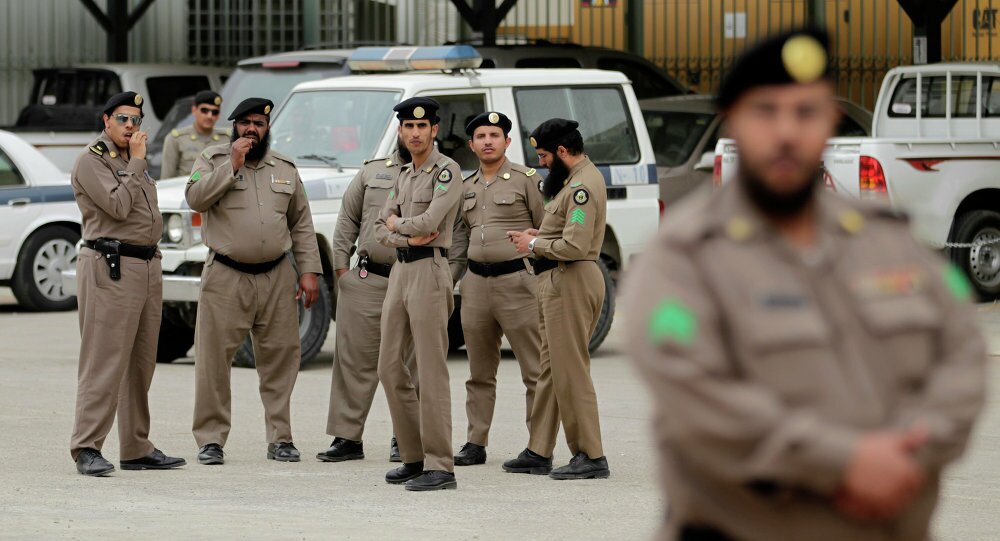 Saudi policemen form a check point near the site where a demonstration was expected to take place in Riyadh Saudi Arabia Friday